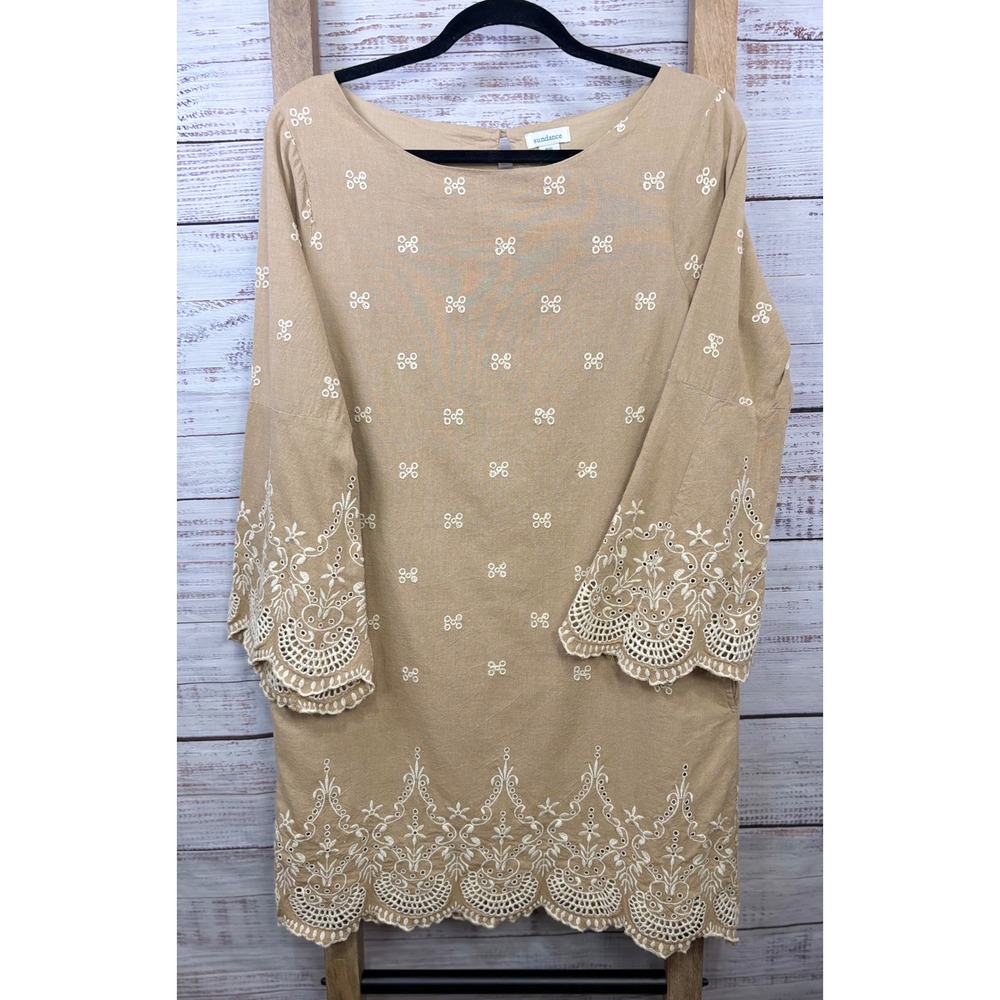 Sundance Embroidered Eyelet Boho Shift Dress Tan Cotton Bell Sleeve Petite 10